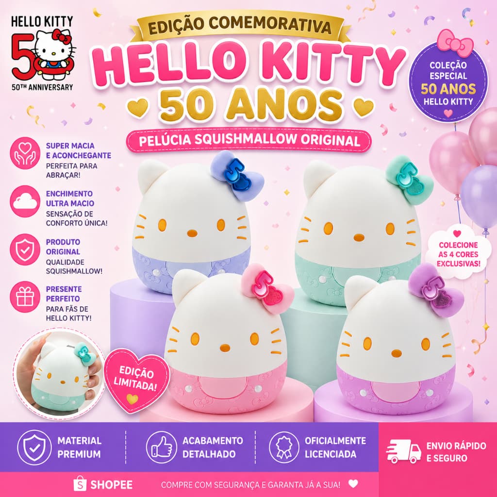 Pelúcia Squishmallow Hello Kitty 50 Anos – Edição Comemorativa Oficial