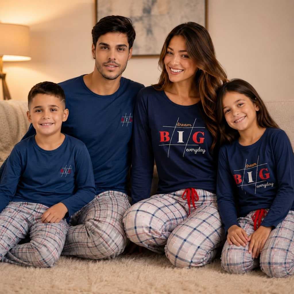 Pijama Família Inverno Xadrez Manga Longa e Calça Comprida Malha Leve Todas Estações