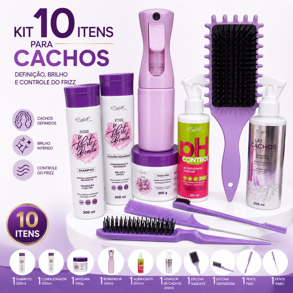 Kit Cachos Completo 10  Itens  Profissional Shampoo Condicionador Máscara Ativador pH Control + Acessórios