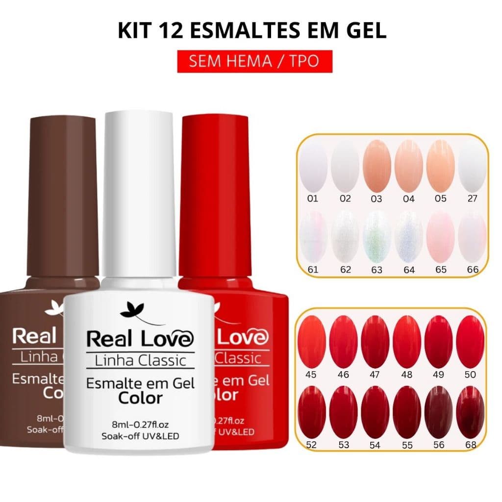 Kit 12 Esmaltes Tons Vermelho Branco Rosa Linha Classic Real Love 8 ml