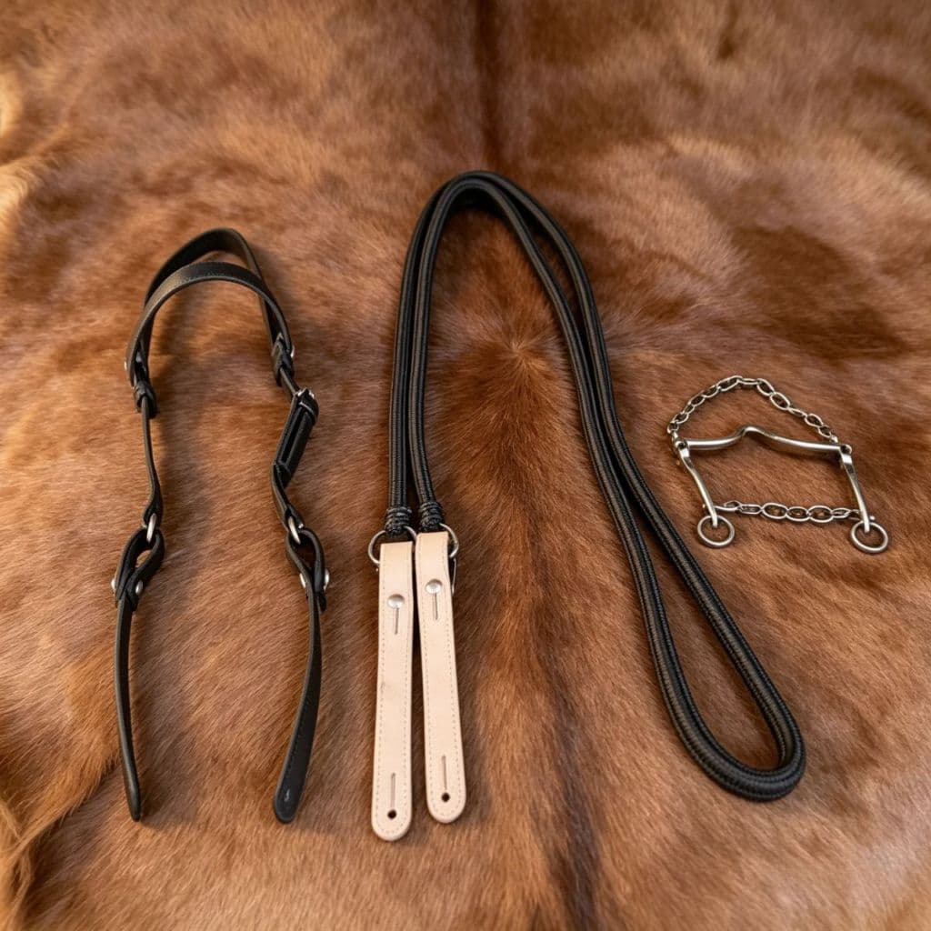 Kit Montaria Premium: Cabeçada de Couro, Rédea e Freio Inox