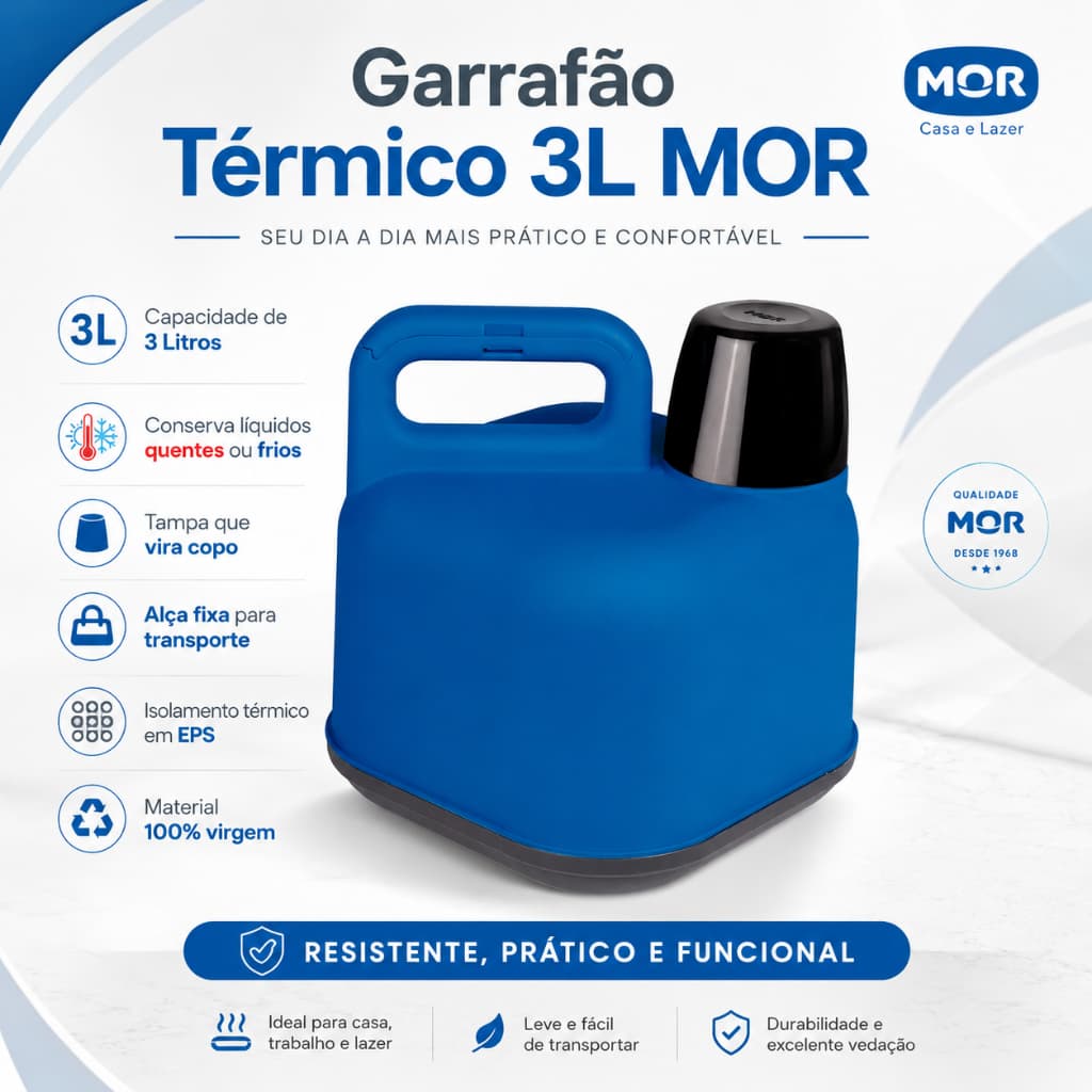 Garrafa Garrafão Isolamento Térmico 3 Litros Conserva Frio Quente Resistente Mor
