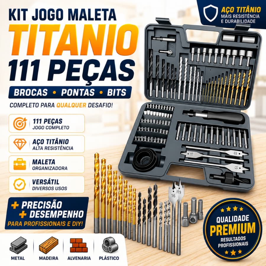 Jogo de Brocas para Madeira 111 Peças Brocas Bits Pontas Soquete Maleta Portátil Reparo e Bricolagem