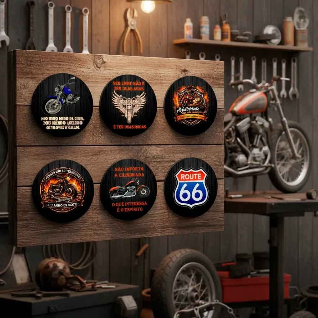 kit com 6 quadros Placas Decorativas Redondas Rústica tampa de barril Moto garagem oficina bar churrasco área gourmet