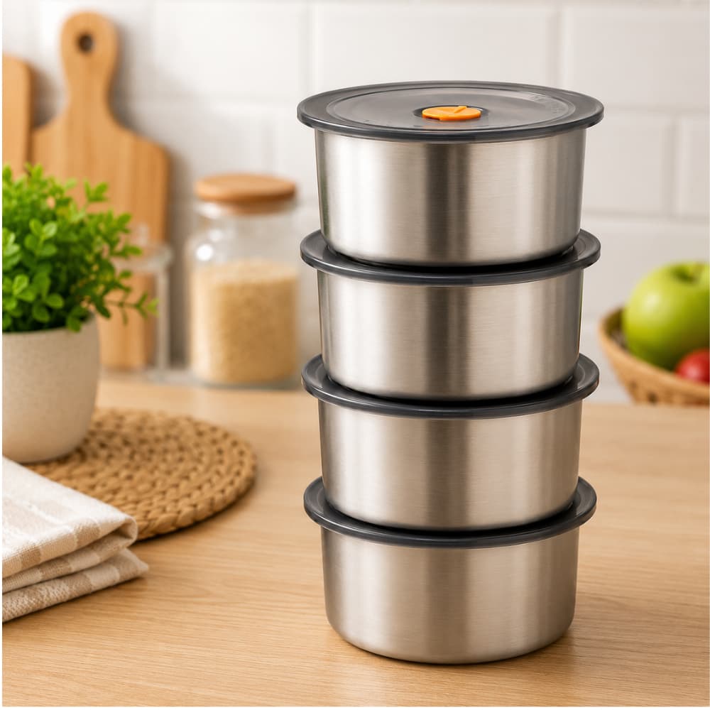 Kit 4 Potes Inox 450ml Para Organização Cozinha Geladeira Marmita Lanches Porções Individuais