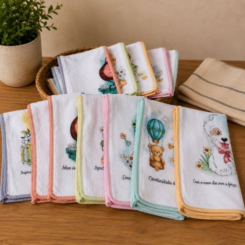 Kit 12 Pano de Prato com Viés Várias Estampas