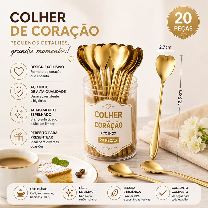 Kit 20 Colheres Coração Douradas em Aço Inox para Café Sobremesa Chá Decoração Festa Presente