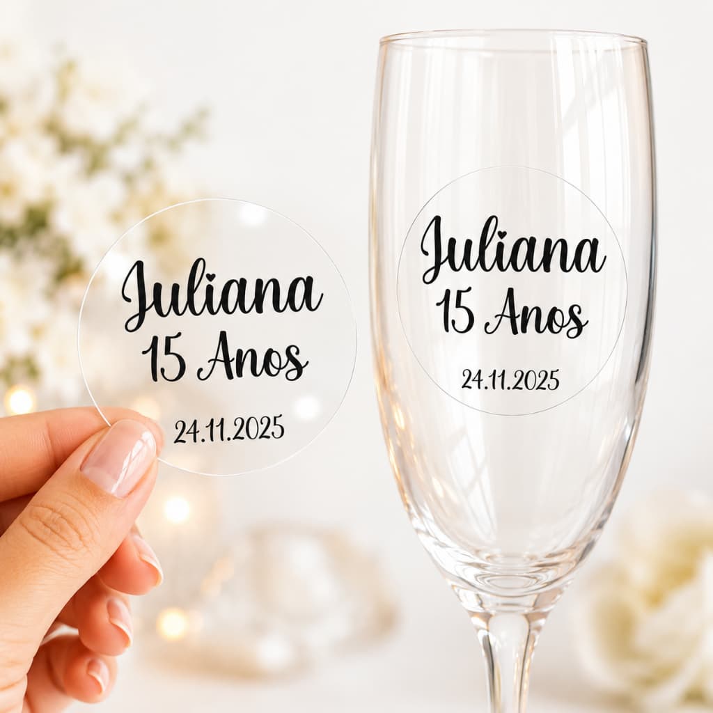 Adesivo Transparente Personalizado 5cm – Casamento, 15 anos, bodas, Aniversário Rótulo Transparente Personalizado