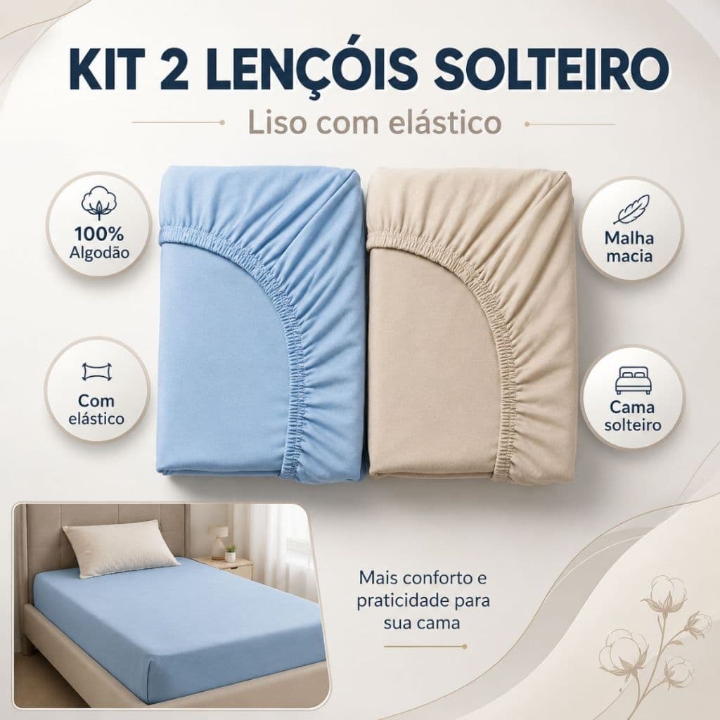 Kit 2 Lençol Cama Solteiro Com Elástico Adulto 100% Algodão Liso De Malha Macia