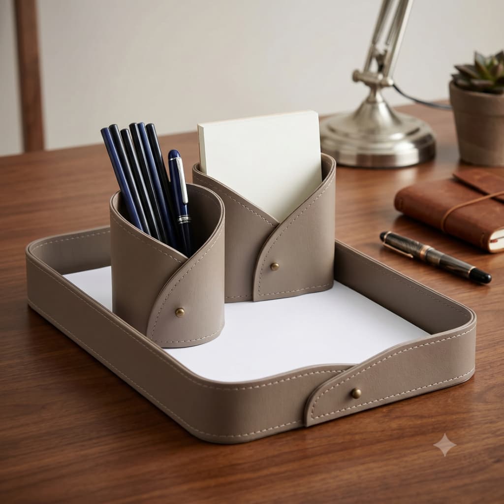 Kit Organizador de Mesa em Couro Ecológico Premium com Porta-Canetas PortaBloco e Bandeja Decorativa