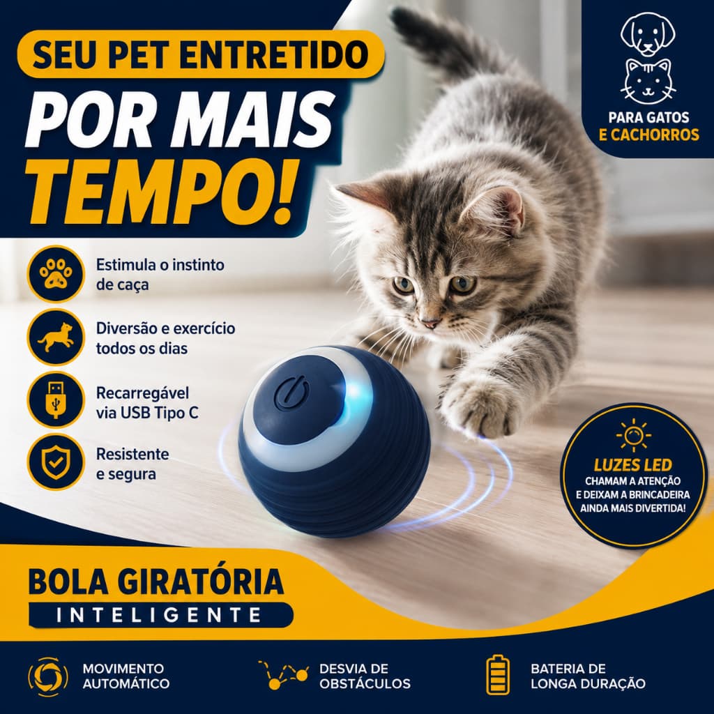 Bolinha Rotativa Eletrônica para Gatos e Cachorros Brinquedo Interativo - BC