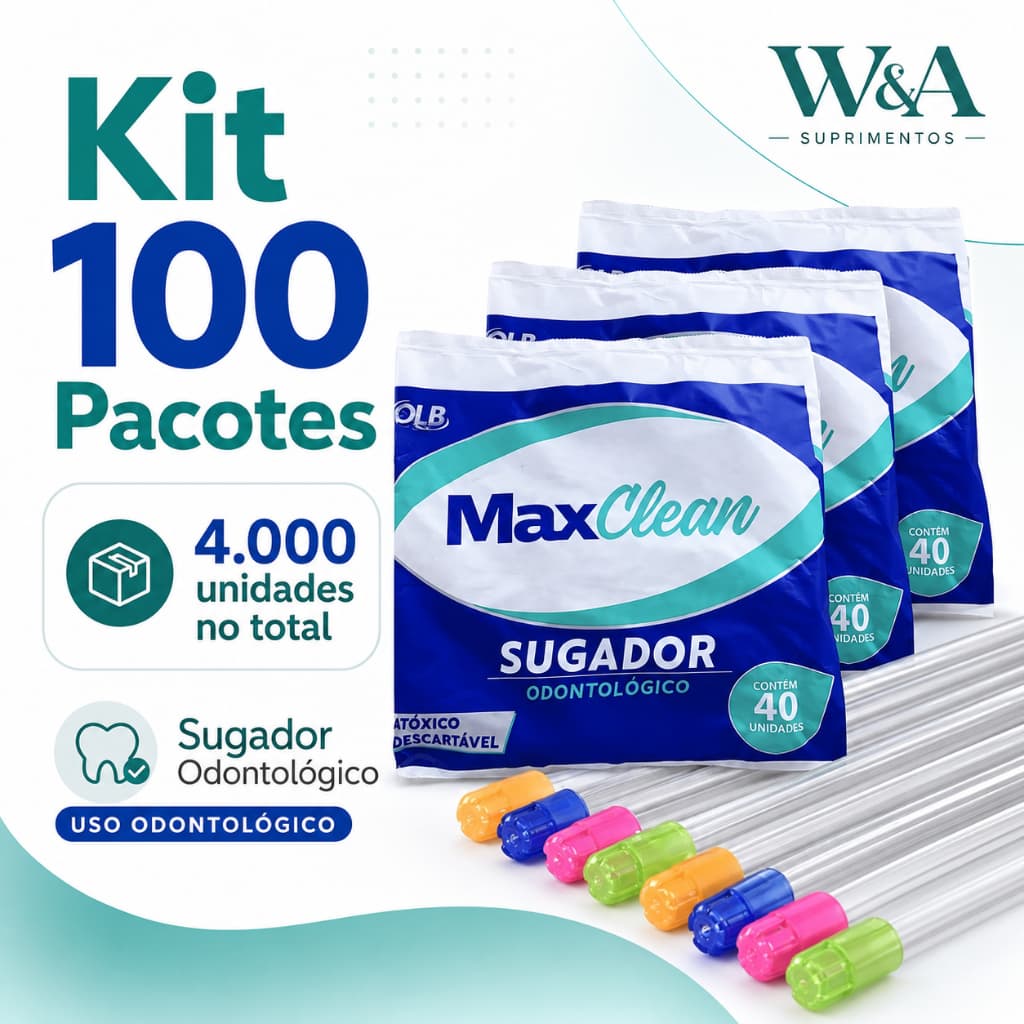 Kit 100 Pacotes Sugador Odontológico MaxClean Total 4.000un