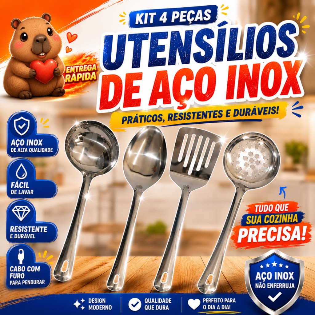 Kit Utensílios de Cozinha Inox Concha Colher Espátula Escumadeira Para Servir Cozinhar Em Aço Inox