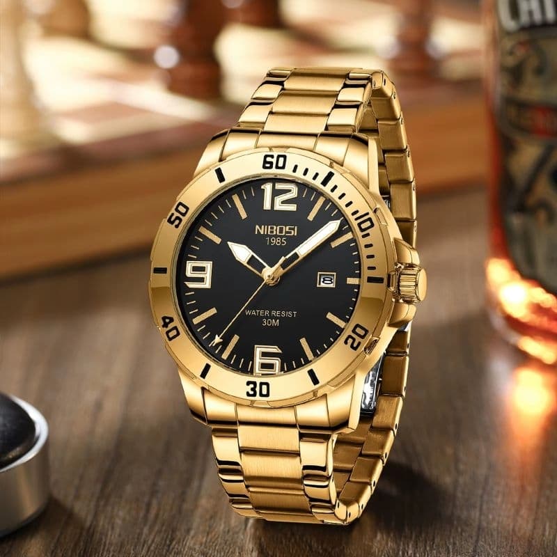 Relógio Masculino NIBOSI 2589 Original á Prova D'água Dourado Pulseira Aço Inoxidável Luxuoso - Relógio Original Nibosi