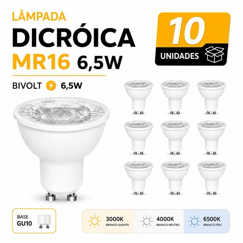 Kit 10 Lâmpadas Led Dicróica MR16 4,8W / 6,5w GU10 Bivolt 6.5W - Escolha 3000k 4000k ou 6000k Pode Usar em Spots
