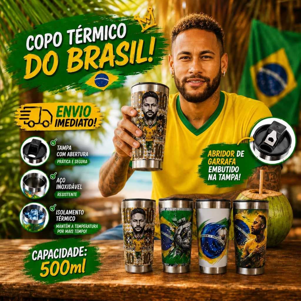 Copo Térmico Brasil Copa 500ml Aço Inox Tampa com Abridor de garrafa Conserva Bebidas Quentes e Geladas