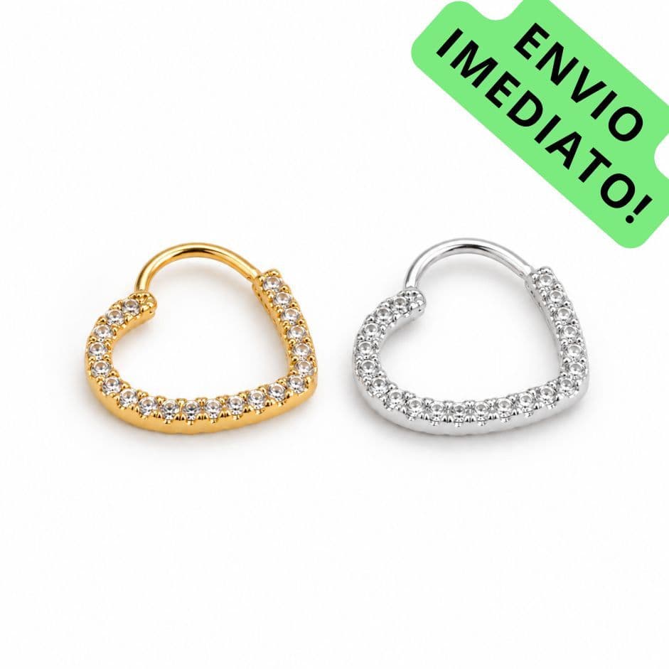 Piercing Coração Cravejado com Zircônias | Banho Ouro 18K ou Prata 925 Antialérgico