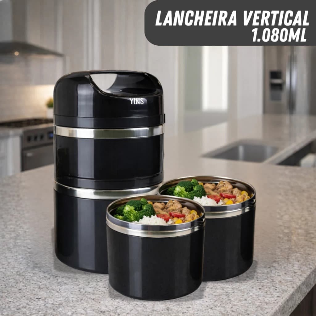 Lancheira Vertical de Inox 1080ml 3 Compartimentos Hermética Marmita Portátil Compacta