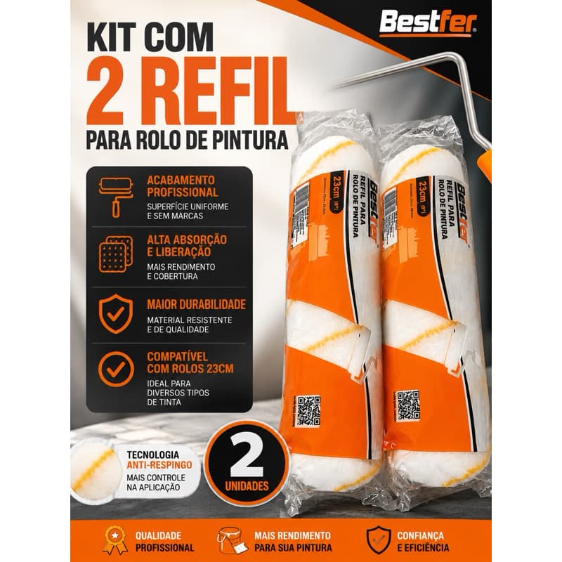 Kit 2 Refil Rolo De Pintura Lã Sintética 23cm