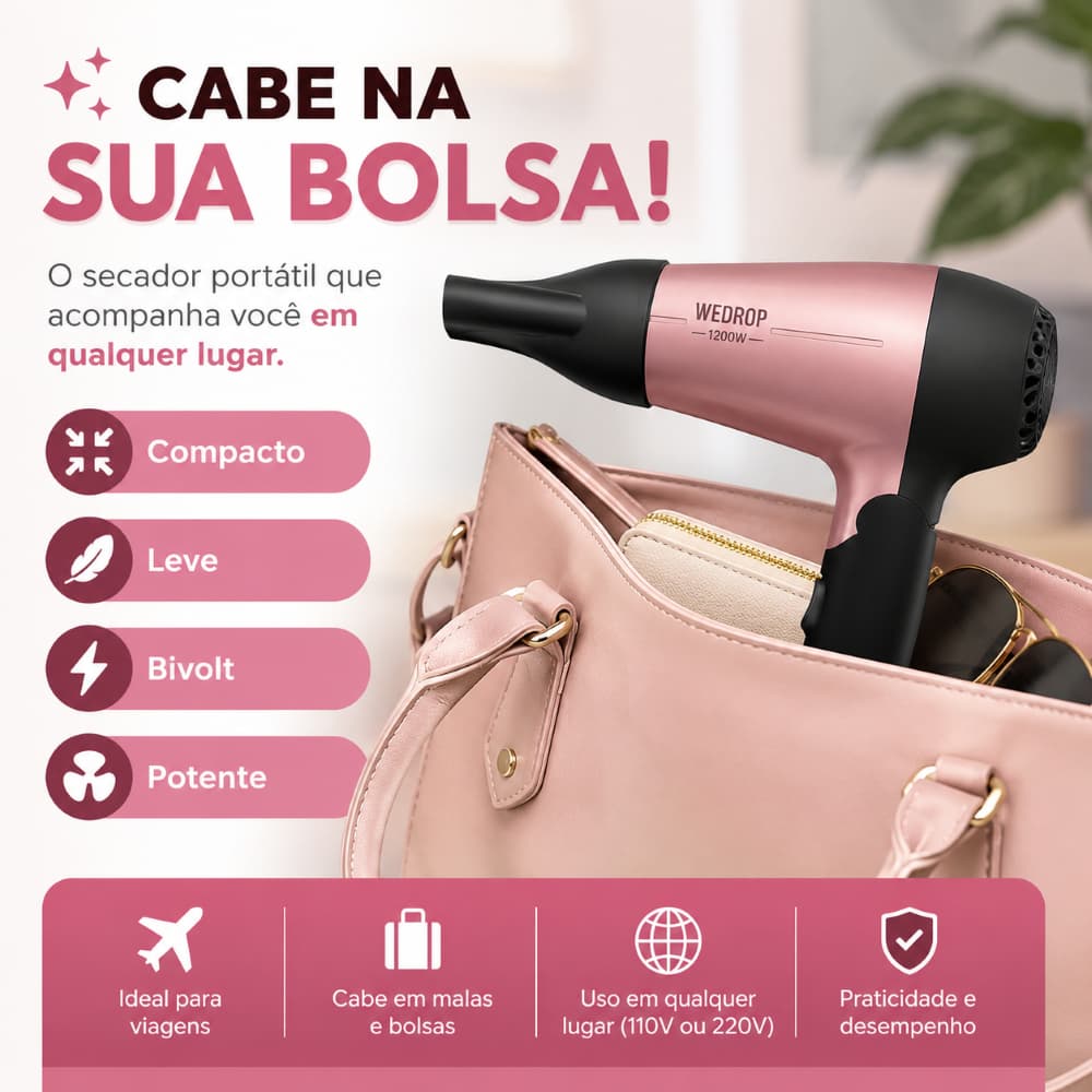 Secador de Cabelo Portátil 1200W Bivolt Automático Rosa Compacto Leve Secagem Rápida Viagem