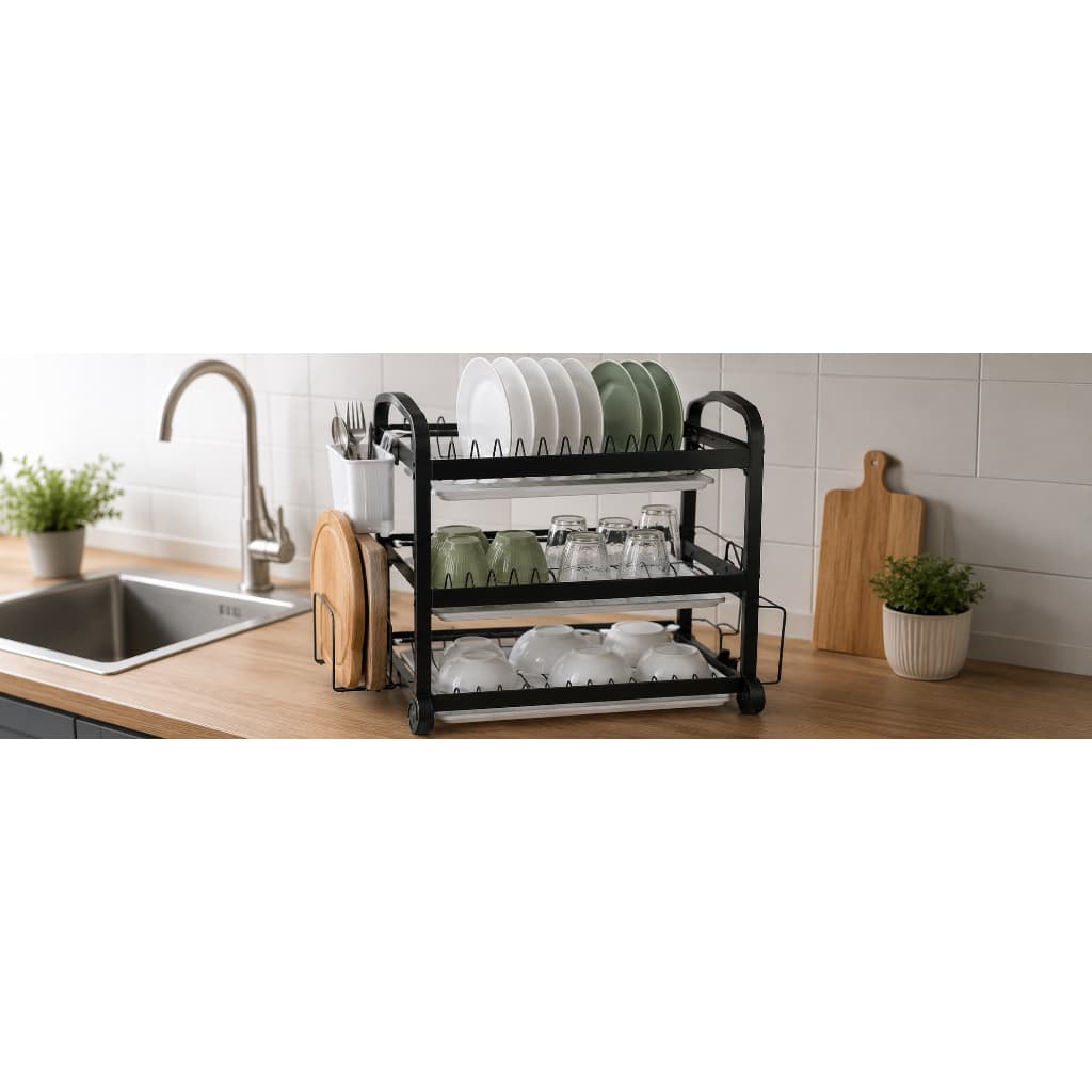 Escorredor Louças Metal 3 Andares Grande Organizador Cozinha Preto Pratos Copos Talheres Utensílios