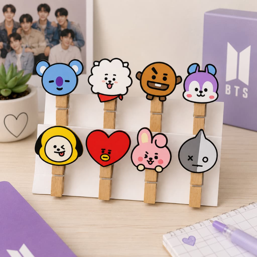 Varal Decorativo BT21 para Photocards e Fotos K-Pop com 8 Prendedores Personagens BTS