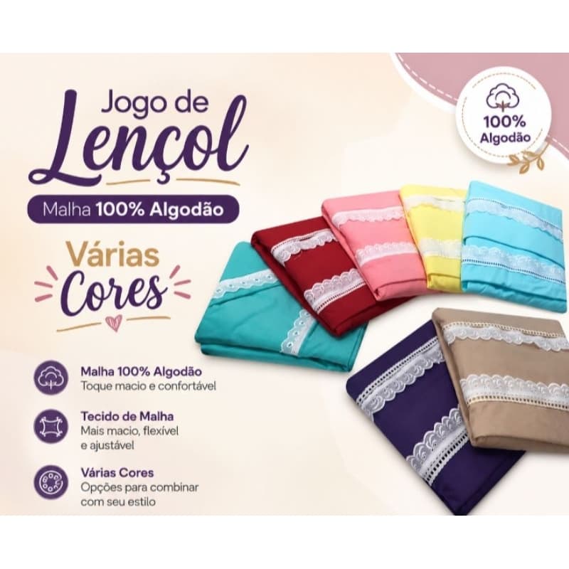 Jogo de Lençol Malha 100% Algodão Várias Cores