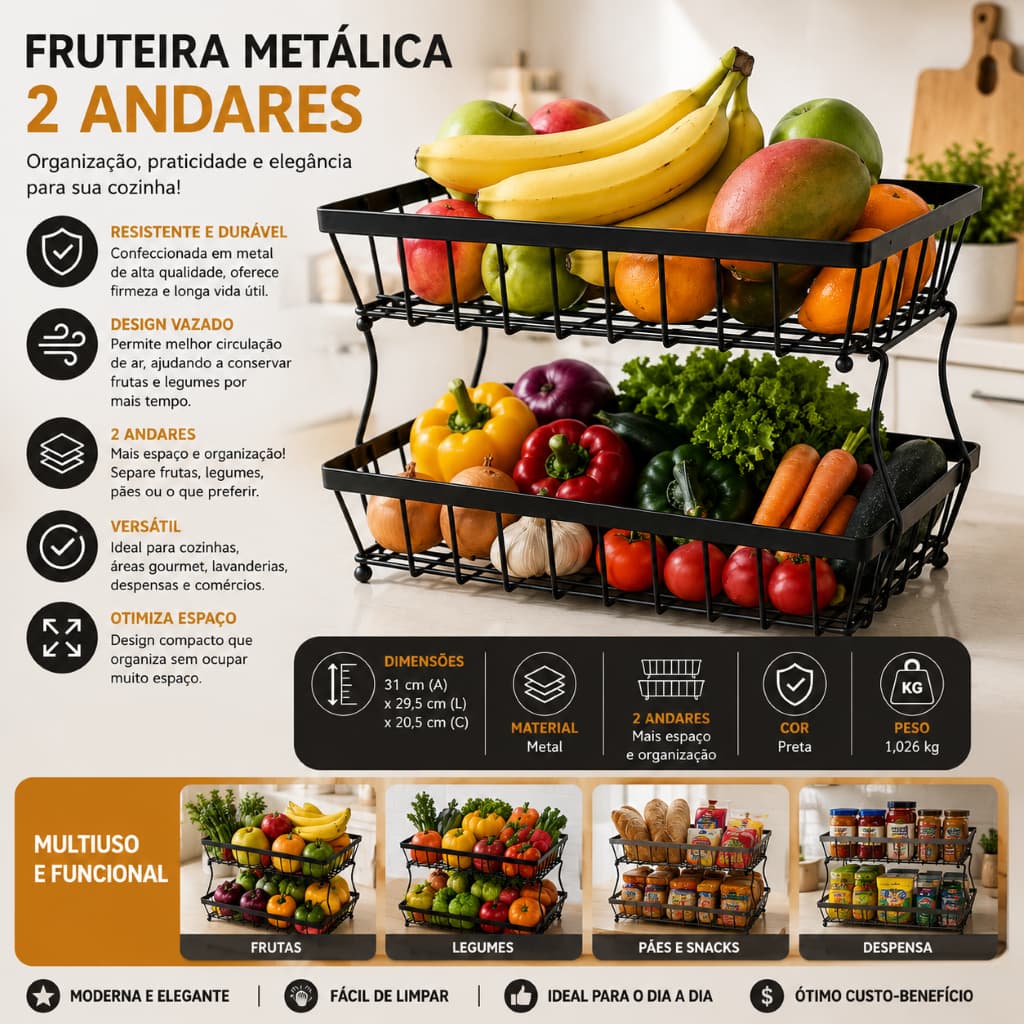 Fruteira Organizador De Frutas Metálico Dois Andares Preto Cozinha