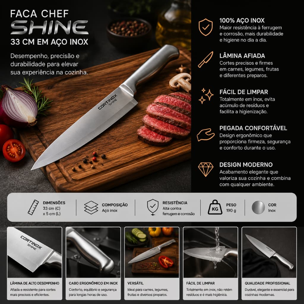 Faca Chef Profissional Grande Corte Preciso Lâmina Aço Inox 33 Centímetros Alta Durabilidade