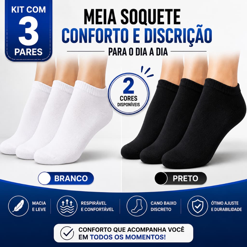 Kit 3 Pares Meia Soquete  Brancas Pretas Unissex Algodão Cano Baixo Confortável Academia Trabalho