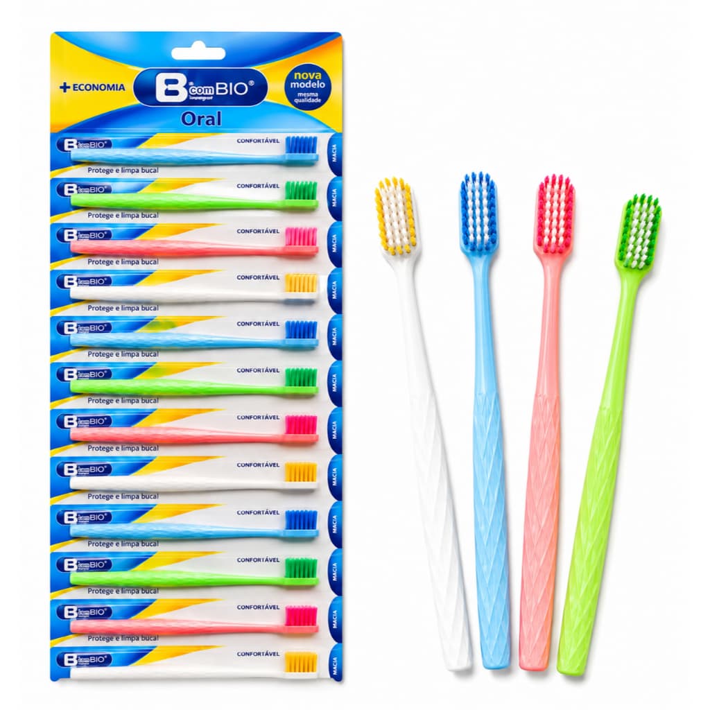 Pacote Com 12 Escovas De Dentes Super Macias Coloridas B Com Bio