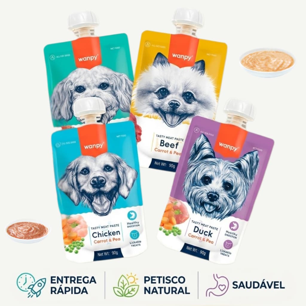 Wanpy Creamy Sachê 90g Petisco Cremoso Para Cachorros Sabores Natural Carne, Cordeiro, Pato e Frango