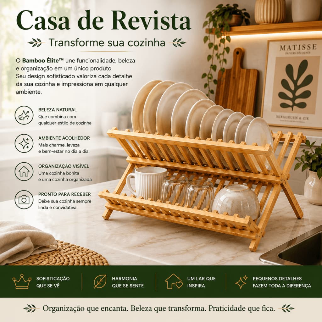 Escorredor de Louças Dobrável 2 Andares em Bambu Natural Organizador de Pratos Copos Cozinha Premium