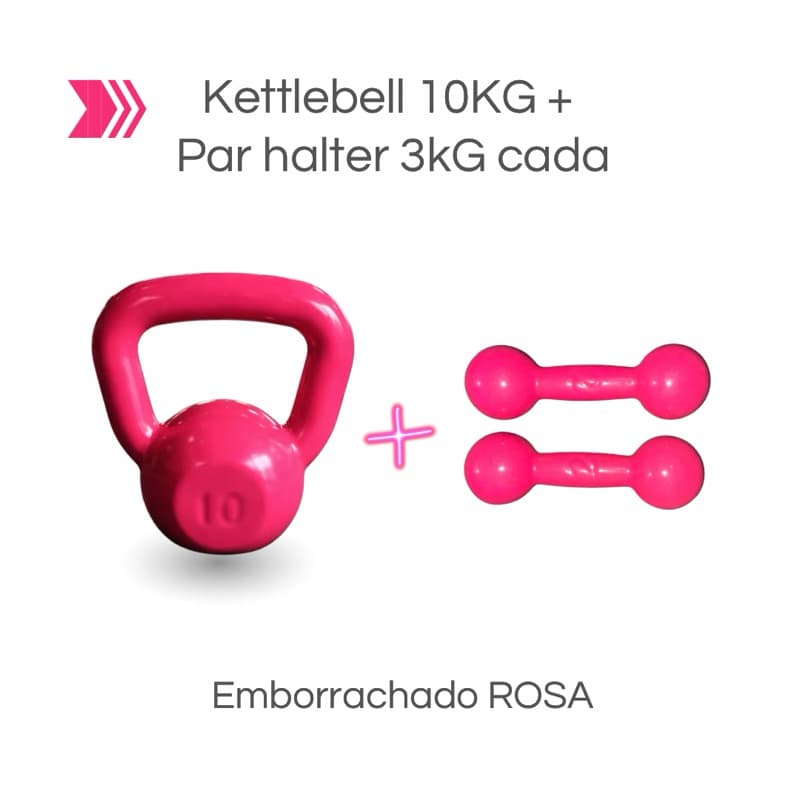 Kit Treino Funcional Kettlebel 10 kg + Par Halteres 3 kg Barra Supino Rosa Emborrachado