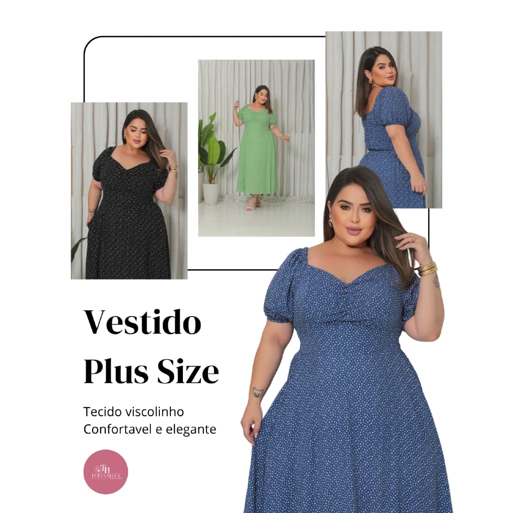 Vestido midi plus size viscolinho camponesa com fenda lateral, elastex nas costas e bolso lateral