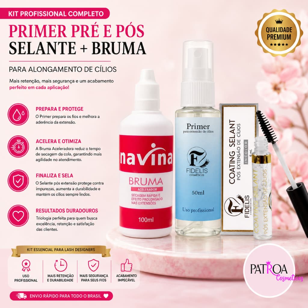 Kit Primer Pré E Pós Selante com Bruma Aceleradora para  Alongamento De Cílios