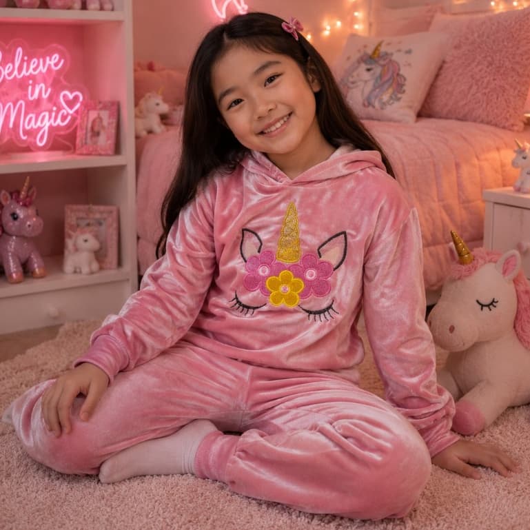 Conjunto Infantil Feminino Plush Unicórnio com Capuz Inverno Menina Super Macio