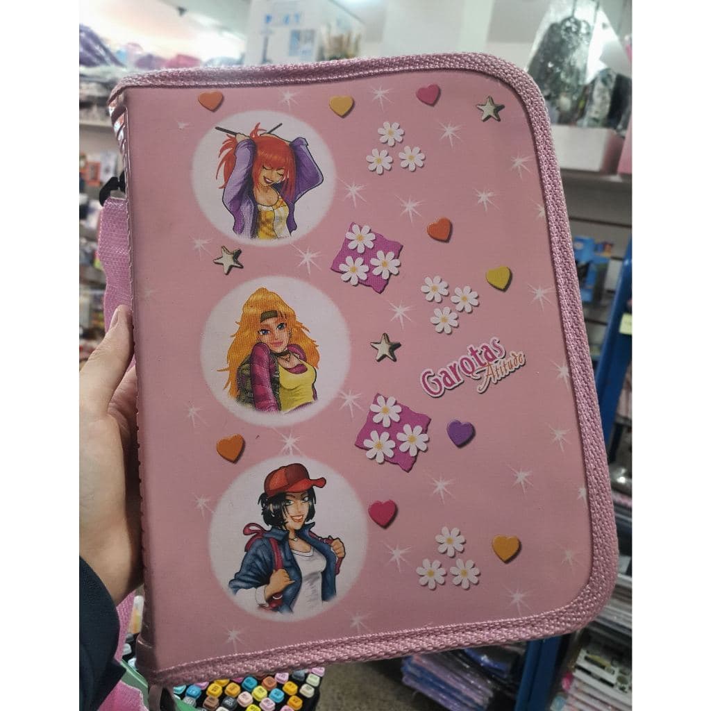 Fichário Escolar 1/4 com Zíper e Alça Garotas Atitude Rosa Laranja Azul Barato