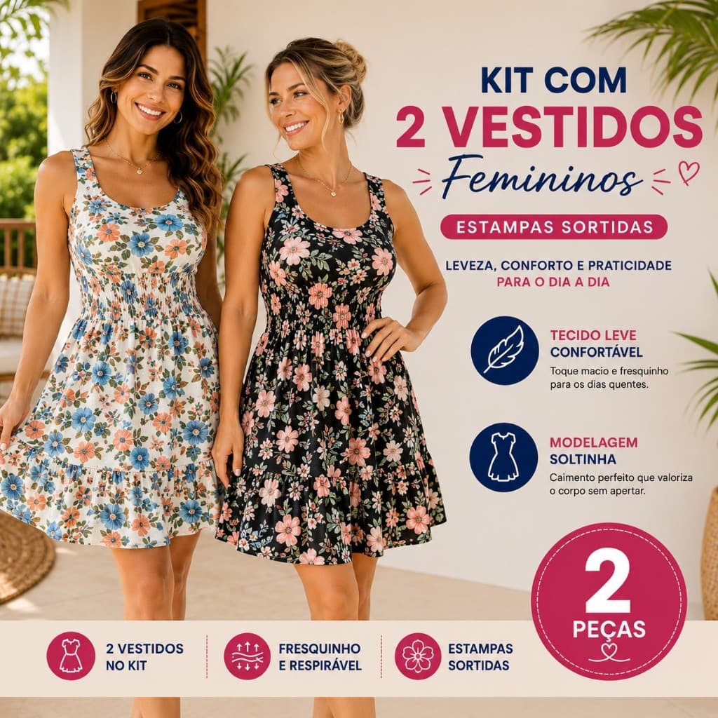 Kit 2 Vestidos Femininos Regata Com Babado Elastex Liganete Casual Confortável Verão
