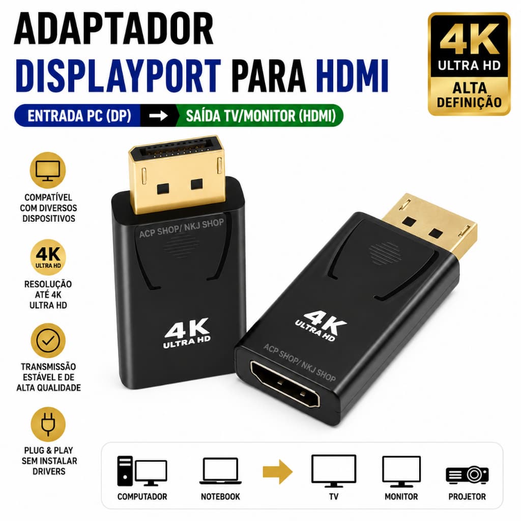 Adaptador DisplayPort Para HDMI Conversor 4K Full HD Para PC Desktop Notebook Placa De Vídeo Monitor