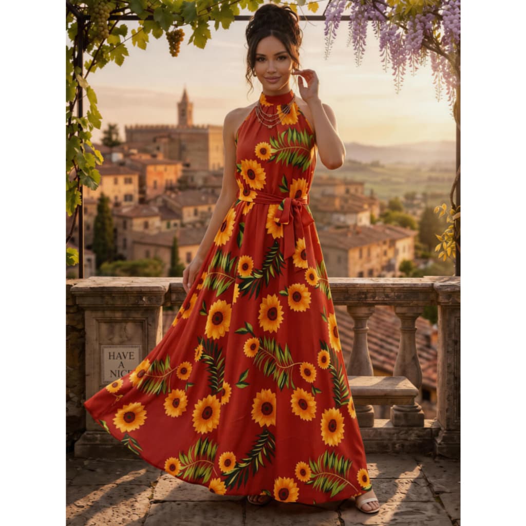 Vestido Longo Fluido Com Estampa Total, Decote Em Halter E Cinto Para Férias P M G