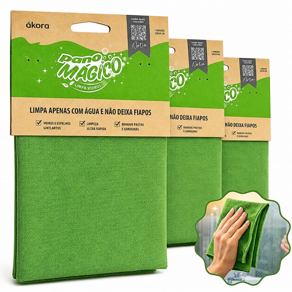 Kit 3 Panos Mágico Limpa Vidros e Espelhos Ákora 40x40cm Microfibra Sem Manchas e Sem Fiapos