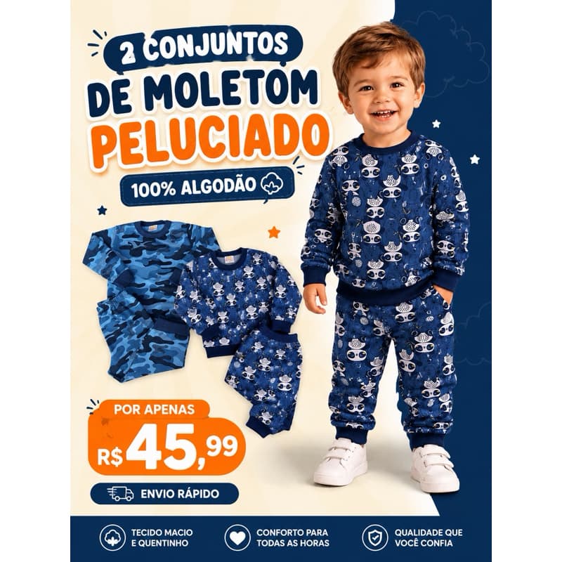 Kit de 4 Pecas  2 Conjuntos de Moletom infantil 100% Algodão Menino Menina