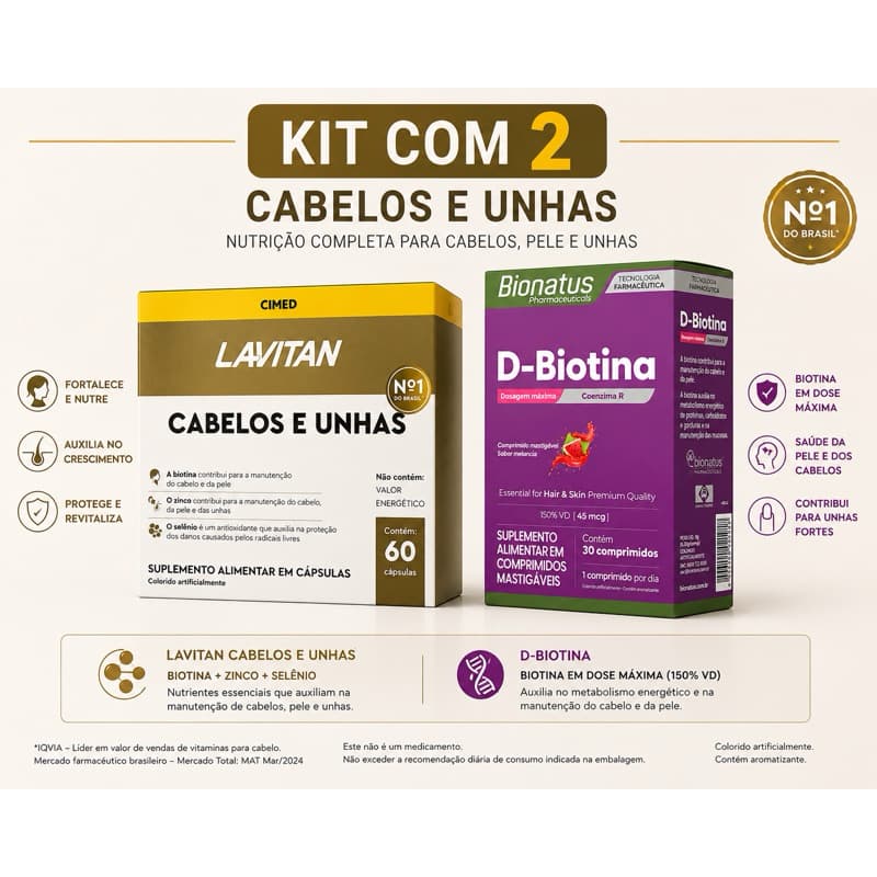 Kit Cabelos e Unhas – Lavitan + D-Biotina | Nutrição Completa para Pele, Cabelos e Unhas