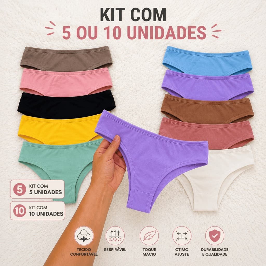 kit Com 5 ou 10 Calcinha Tanga Algodão Conforto Roupa Intima Feminina  Dia a Dia Com Forro