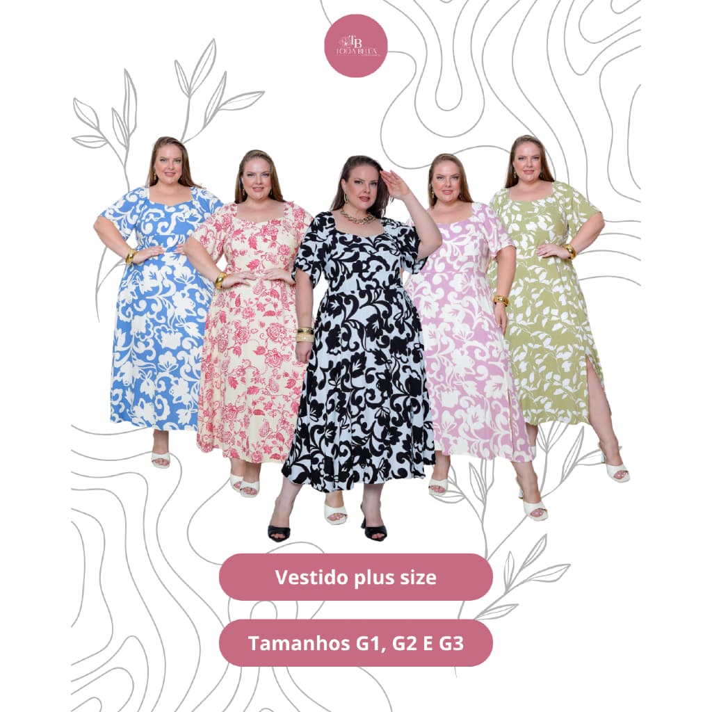 Vestido feminino midi plus size de viscolinho com fenda e elástico nas costas