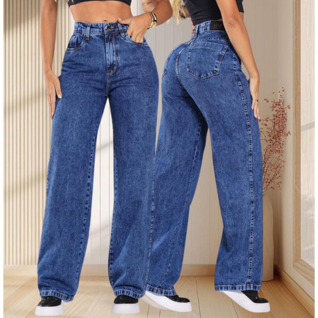Calça Feminina Jeans Wide Leg Cintura Alta Pantalona Marmorizada Confortável Modelagem Premium