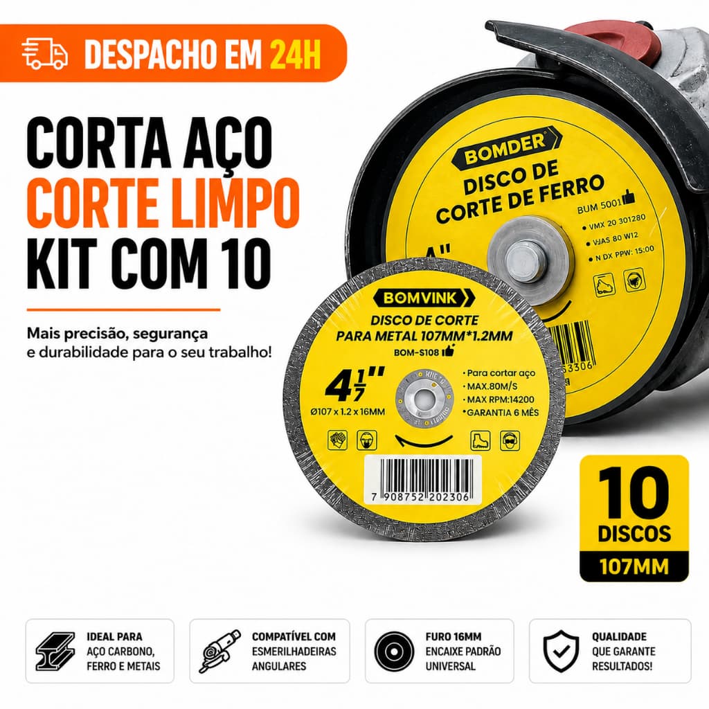 Kit 10 Discos De Corte De Ferro Corte Fino 4,1/7'' 107mm Amarelo