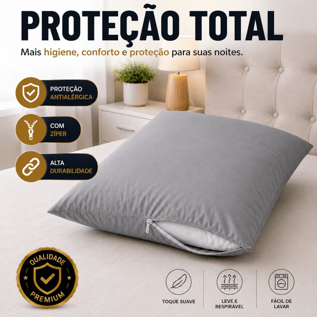 Capa Para Travesseiro Com Zíper Cinza Antialérgica Protetora 49x69cm Antiácaro