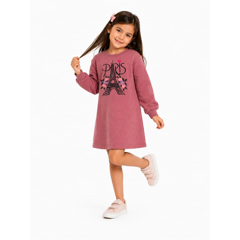 Vestido Moletom Infantil Feminino Detalhe Bordado Meia Manga Bufante
